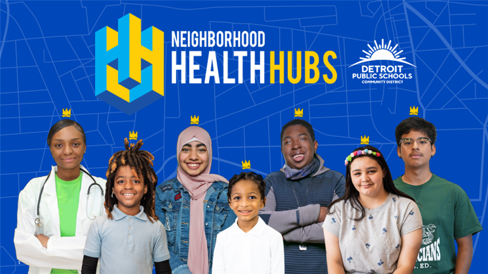  Several students standing in front of the health hub logo
